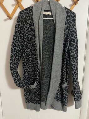 LOFT Gray and Black Leopard-Print Open Front Cardigan